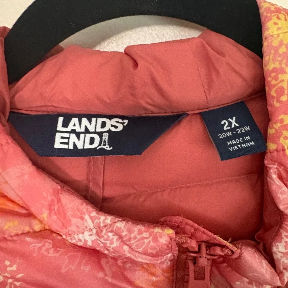 Lands End Womens 2X Down Puffer Jacket Pink Orange Floral Hooded‎ Quilted Coat